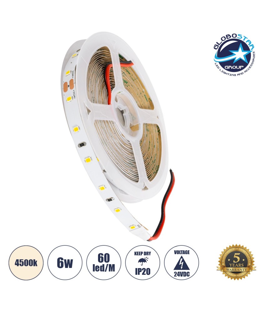 GLOBOSTAR® LILAC 70201 Ταινία LED 6W-m 600lm-m 120° DC 24V IP20 60 x SMD2835 Chip-m Φυσικό Λευκό 4500K Dimmable - Sanan SMD Chip - Μ500 x Π0.8 x Υ0.1cm - Ρολό 5 Μέτρων - 5 Χρόνια Εγγύηση